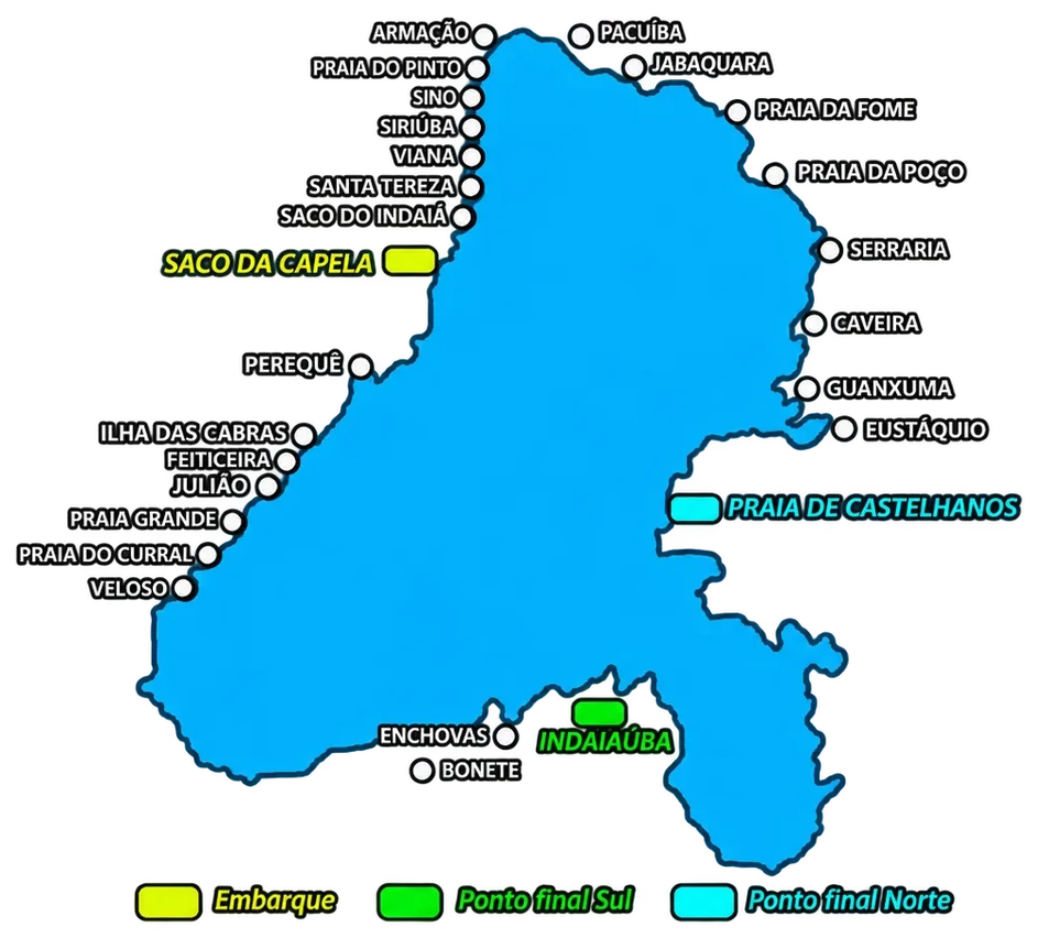 Mapa ampliado de Ilhabela com referências dos roteiros Norte e Sul