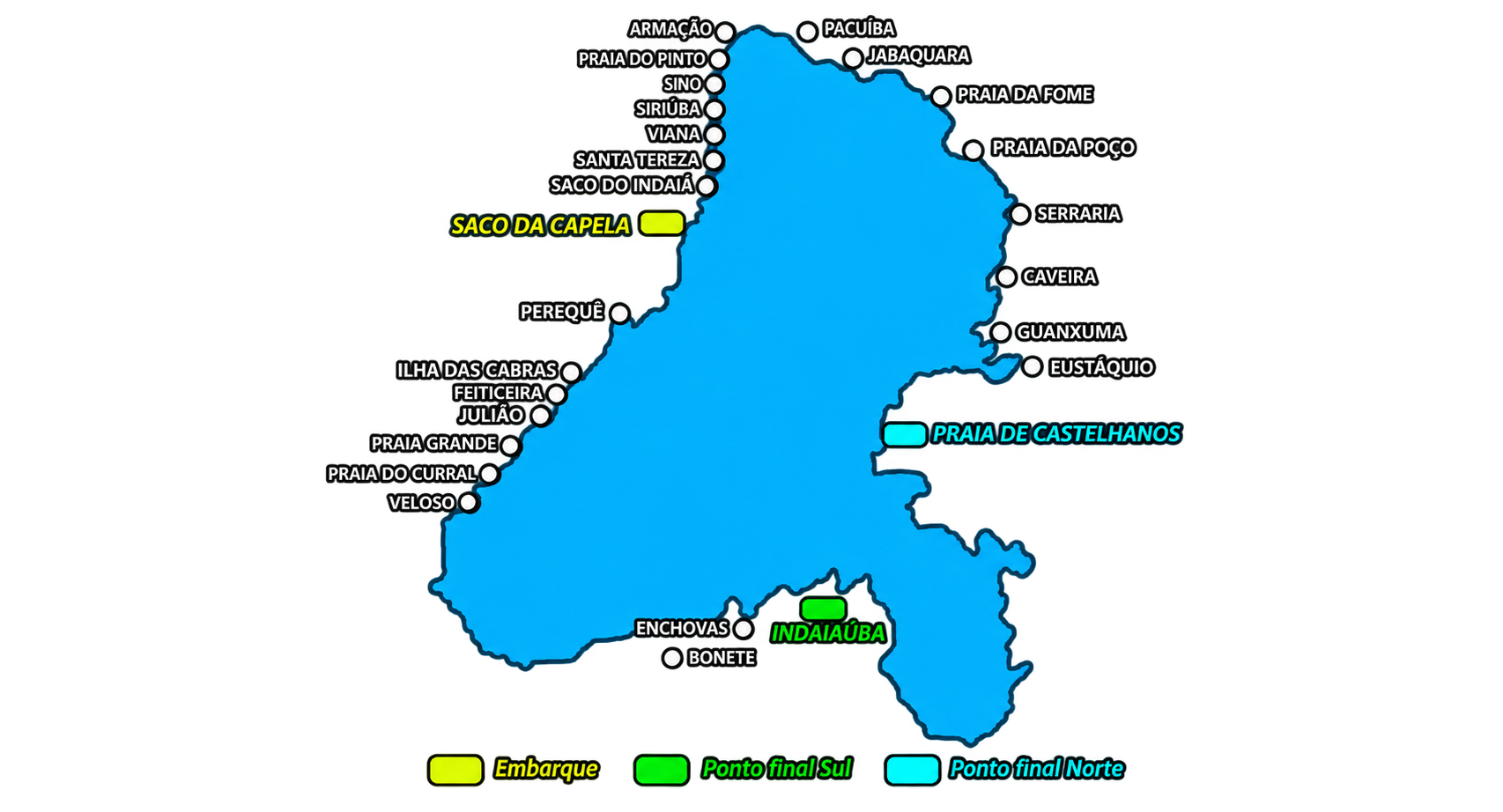 Mapa ampliado de Ilhabela com referências dos roteiros Norte e Sul