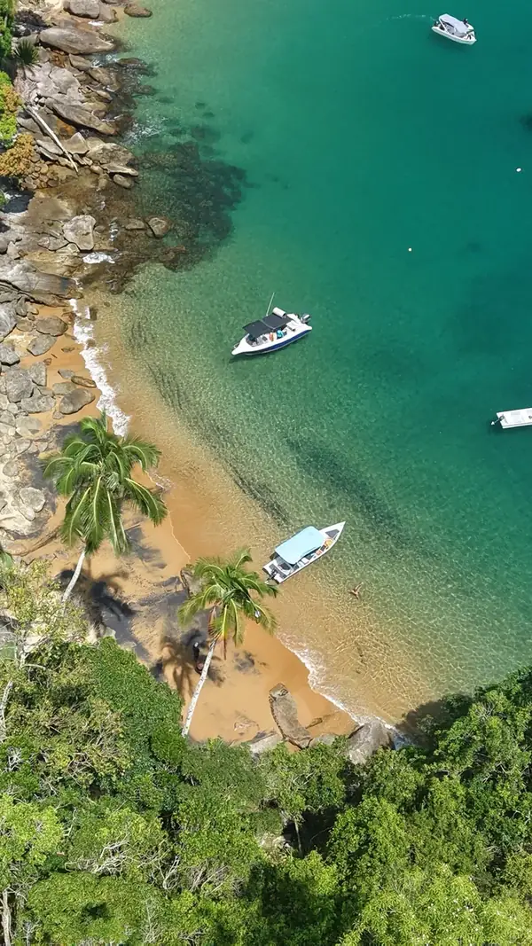Playa con cocoteros y lanchas ancladas