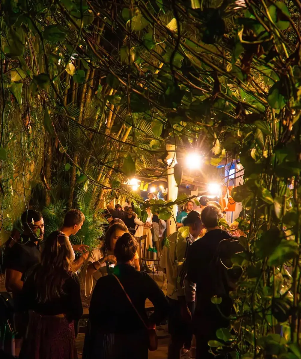 Jardim da Casa Barca à noite, com plantas e luzes