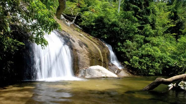 Quedas da Cachoeira dos Três Tombos sobre a rocha, em meio à mata