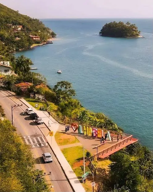 Vista aérea do Mirante do Piúva, da avenida e da Ilha das Cabras